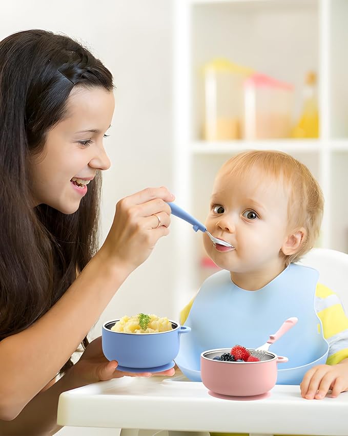 Toddler Bowls with suction & Utensils Set, 2-in-1 Stainless Steel 304 Kids Feeding Bowl & Silicone Suction Baby Bowl with Spoons and Forks, First Self-feeding Training Set, Organic Bloom
