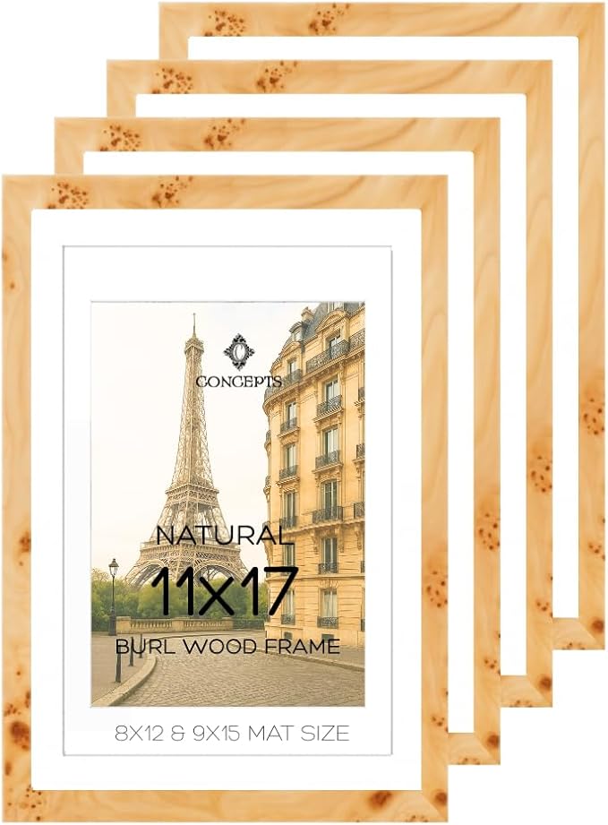 Concepts Set of 4 11x17 Burl Wood Picture Frames with Double Matted (8X12/9X15), Natural Wood Finish, Eco-Friendly Packaging – Elegant Wallhung Decor for Family Photos