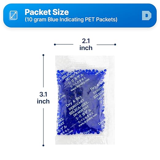 Dry & Dry 10 Gram Blue Indicating Silica Gel Packs - 100 Rechargeable Packets