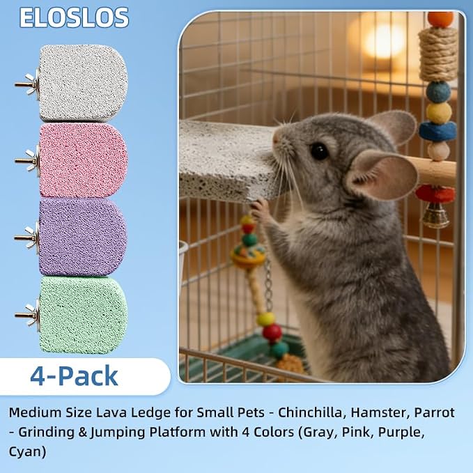 4PCS Lava Ledge for Chinchilla/Hamster/Parrot, Gray&Pink&Purple&Green(M) | For Small Pets, Grinding Claws & Jumping, Safe Natural Volcanic Rock, Reduces Random Chewing