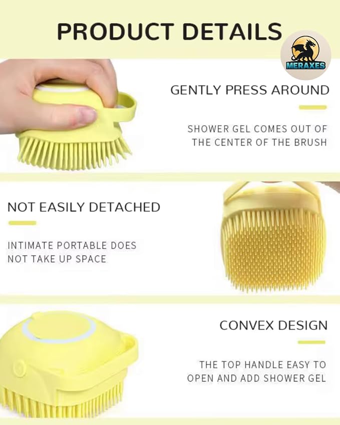 MERAXES Pet Grooming Bath Brush with Soap Dispenser – Soft Silicone Massage Bristles for Dogs & Cats, Gentle Deshedding & Deep Cleaning for Long or Short Hair – Yellow