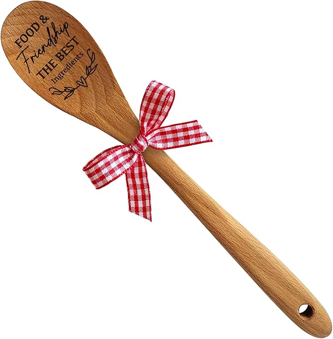 Food & Friendship Soup Salad Mixing Stir Serving Wooden Spoon for Cooking for Chef Mom Family and Friends Christmas Birthday Thanksgiving Day Stocking Stuffers Decor Gift