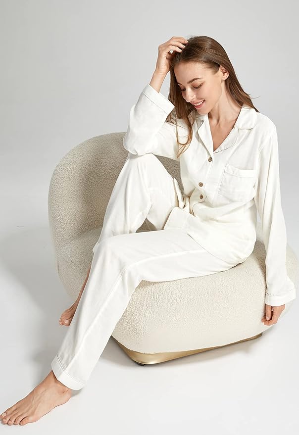 Womens Pajama Sets 100% Double Gauze Cotton Linen Like Muslin Pajamas Long Sleeve Button Down Sleepwear Soft Pjs Lounge Set