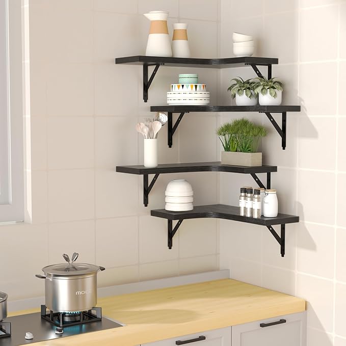 ROMGUAR CRAFT Corner Floating Shelves Wall Mounted Set of 4, Rustic Wood Storage Display Wall Shelves for Home Decor, Bathroom, Kitchen, Bedroom, Living Room, Office (Black)