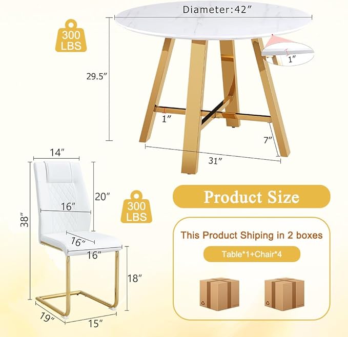 Round Dining Table Set for 4, Modern Kitchen Dining Table Chairs Set for 4, 42" Faux Marble Dining Room Table Set & 4 PU Leather Chairs for Kitchen Living Office Cafe Small Space
