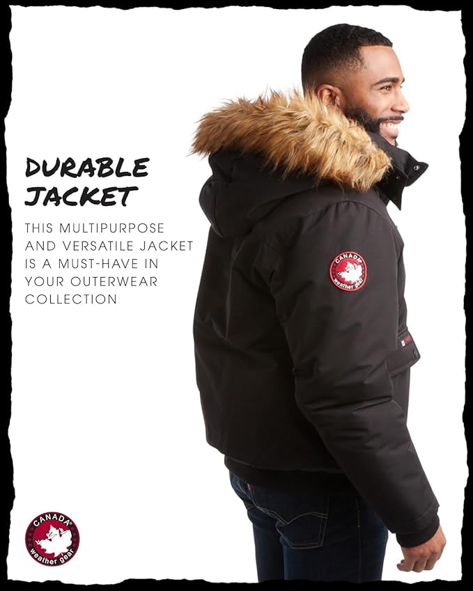 CANADA WEATHER GEAR Mens Winter Bomber Jacket - Heavyweight Winter Coats Weather Resistant Faux Fur Hood Insulated Ski Jacket