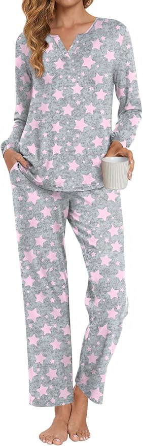 Anyally Women's Plus Size Pajama Sets Ladies Fall Pjs 2 Pieces Lounge Outfits V Neck Long Sleeves Sleepwear with Pockets