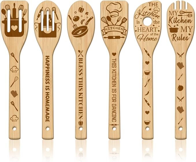 GLOBLELAND 6Pcs Kitchen Bamboo Cooking Utensils Wooden Engraved Cooking Spoons Set Carving Kitchen Bamboo Spatula Set for Women and Men Wood Cooking Spoon for Kitchen House Warming Gift