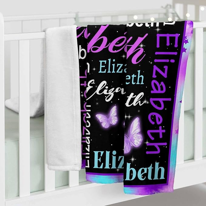 Custom Blanket, Personalized Baby Blanket Customizable Name Customized Baby Name Throw-Blanket Purple Butterfly Pattern Customize Blankets for Baby Girl or Boy Best Gift for Baby Newborn New Mom