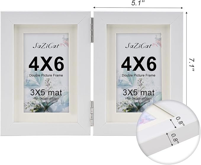 Double Hinged 4X6 Picture Frame with Real Glass-Tabletop or Wall Mounted, Display for 3X5 & 4X6 Photos (with/without Mat)-Matte White, For Family Photos & Wedding Memories-B46X2