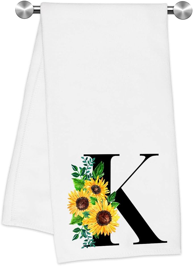 Monogrammed Sunflower Hand Towels,Ini-tial K Tea Towel Letter Kitchen Towels,Sunflower Gifts for Women,Monogram Dish Towel 17x23 Inch,Kitchen Bathroom Decorative Ini-tial Gifts for Mom Wife