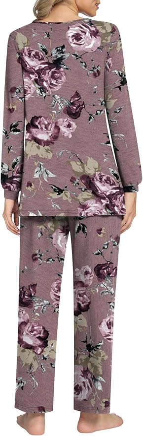 Anyally Women's Plus Size Pajama Sets Ladies Fall Pjs 2 Pieces Lounge Outfits V Neck Long Sleeves Sleepwear with Pockets