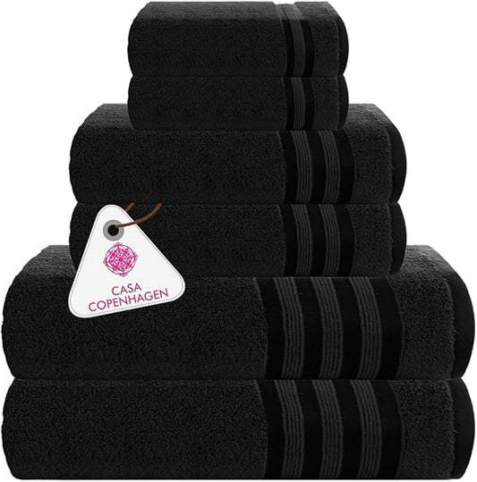 CASA COPENHAGEN Zero Twist, 6 Pieces Set 100% Cotton 0" Twist Towel Set- Black, 600 GSM, 2 Bath, 2 Hand, 2 Washcloths Made from Egyptian Cotton, Ultra Soft Luxury Towels for Bathroom.