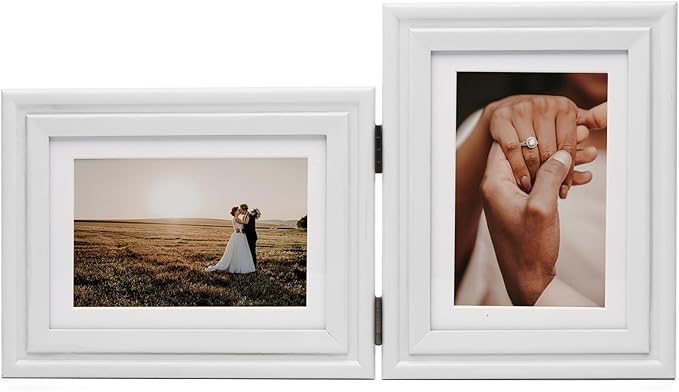 Horizontal & Vertical 5X7 Picture Frames Double Hinged Wood Folding Photo Frames with Real Glass Front Fit for Desktop or Tabletop Display Pictures 4x6 with Mat or 5x7 Without Mat, White