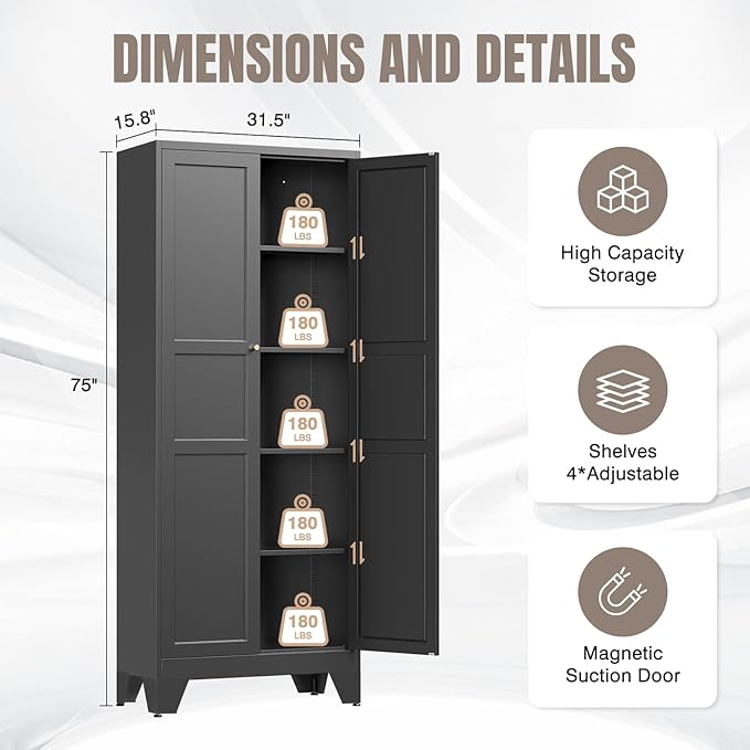 Yizosh Metal Pantry Cabinet, 75" Kitchen Pantry with 2 Door and 4 Adjustable Shelves,Black Metal Pantry Storage Cabinet,Cupboard for Kitchen,Dining Room,Living Room and Bathroom