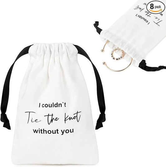 CEELGON 8 Pcs Drawstring Jewelry Pouch Bridesmaid Gift Bags Linen Cotton Fabric Wedding Bridal Party Favor Bags Bachelorette Tie The Knot Earring Packaging Proposal Gift (White)