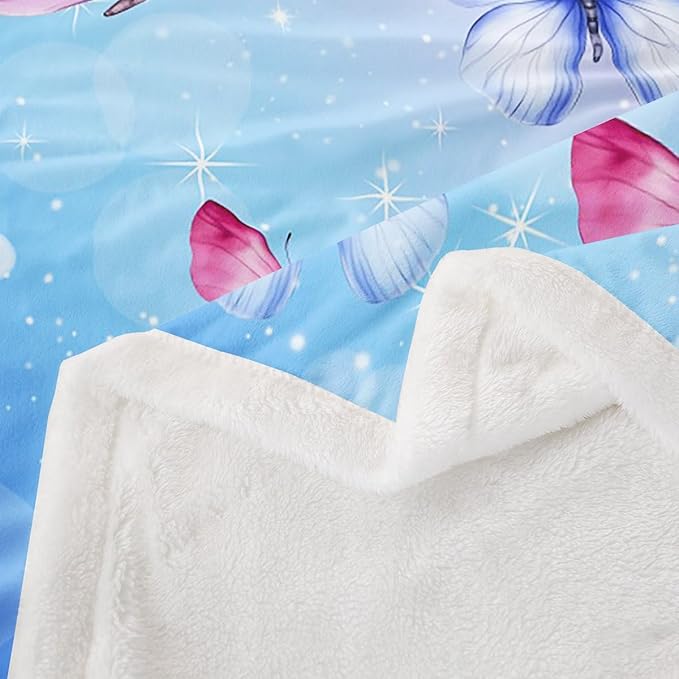 Feelyou Girls Butterfly Fleece Throw Blanket Twin 60"x80" Kids Pink Blue Glitter Print Sherpa Blanket Plush Fuzzy for Bed Couch Chair Living Room, Dreamy Girly Bed Blanket Princess Style Room Decor