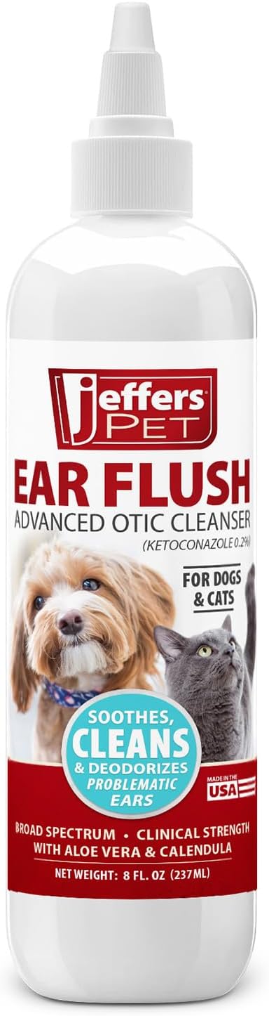 Jeffers Ear Flush for Dogs, Cats & Puppies, 8 oz - Otic Ear Cleanser Solution with 0.2% Ketoconazole, Aloe Vera & Calendula, Gentle Ear Wash for Pet Hygiene, Grooming, Wax & Debris Cleaning