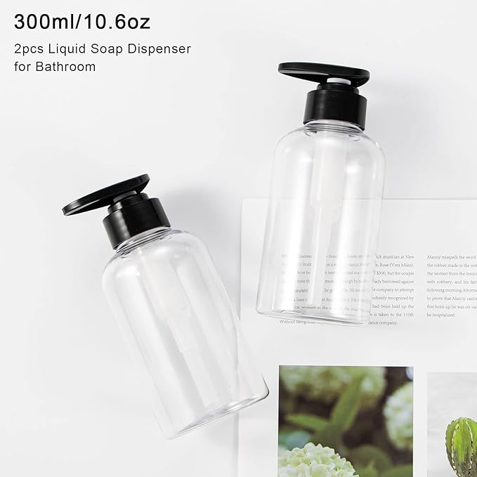 Yebeauty 2 PCS Clear Pump Bottles 10oz 300ML, Empty Plastic Lotion Bottle Pump Dispenser with Pump Refillable for Home and Daily Use
