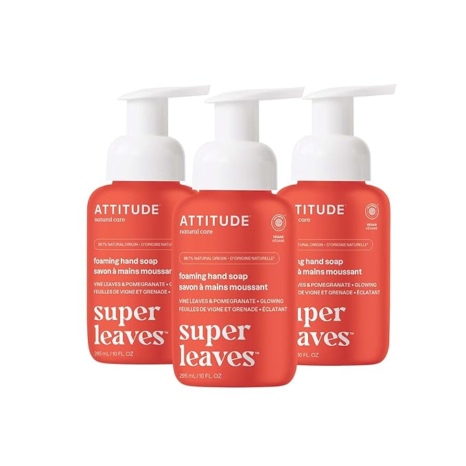 ATTITUDE Foaming Hand Soap, EWG Verified, Plant and Mineral-Based Ingredients, Vegan and Cruelty-free Personal Care Products, Vine Leaves and Pomegranate, 10 Fl Oz (Pack of 3)