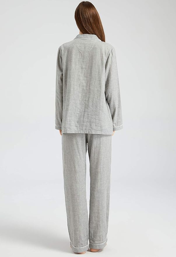 Womens Pajama Sets 100% Double Gauze Cotton Linen Like Muslin Pajamas Long Sleeve Button Down Sleepwear Soft Pjs Lounge Set