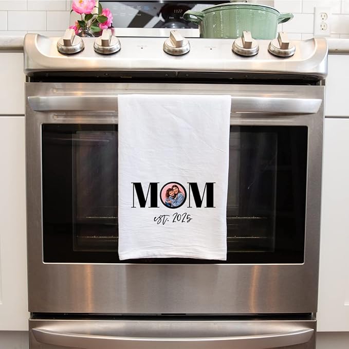 Andaz Press Personalized Flour Sack Tea Towel, Mom Custom Photo Design EST. Year Birthday for Daughter, Wife, Mom to Be, Kitchen Decor, Kitchen Gift