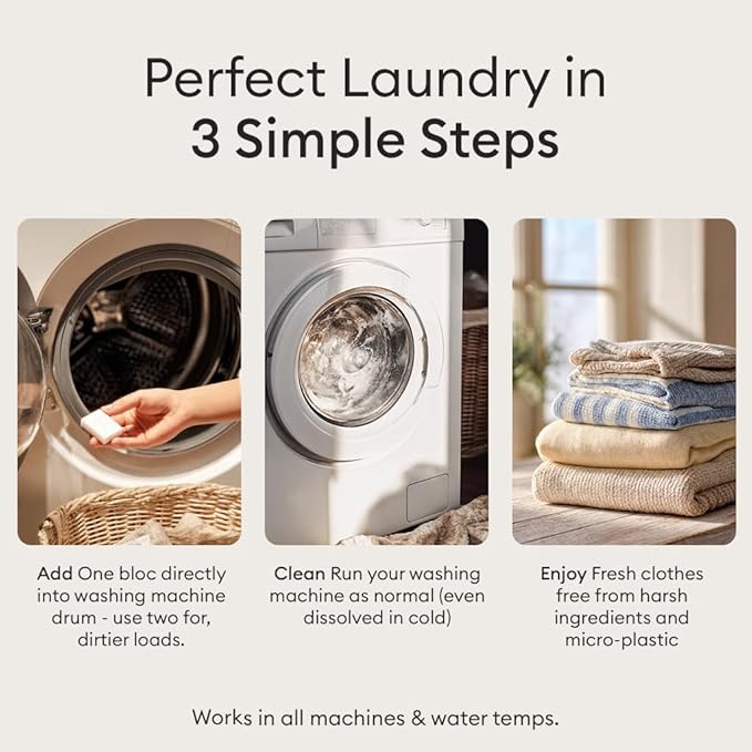 Vove Plastic-Free Laundry Detergent Tablets, 60 Pack – Concentrated, Biodegradable & Plant-Based Formula with 3x Enzyme Power – Tough on Stains, Gentle on Fabric, Fragrance-Free & Eco-Friendly