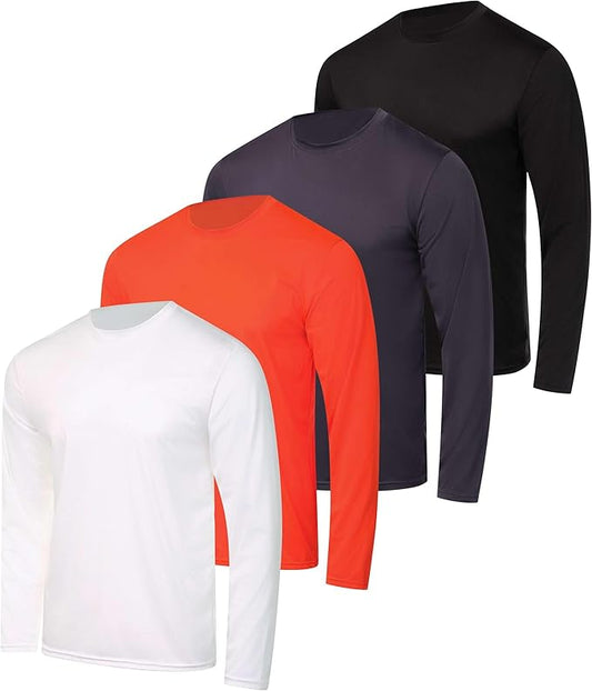 Real Essentials 4 Pack: Mens Long Sleeve Dry Fit T Shirts Hiking Fishing Workout Gym Work Sun UPF 50 Wicking Running Tee