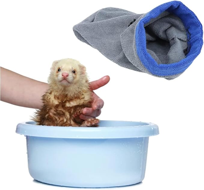 2PC Ferret Bath Towel Bag, Fast Drying Absorbent Bathrobe with Adjustable Drawstring for Ferrets, Chinchilla, Guinea Pigs (Blue+Grey)