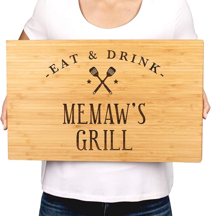 Andaz Press Large Bamboo Wood BBQ Cutting Board Gift, 17.75 x 11-inch, Memaw's Grill, 1-Pack, Laser Engraved Serving Chopping Board Christmas Birthday Chef Kitchen Ideas