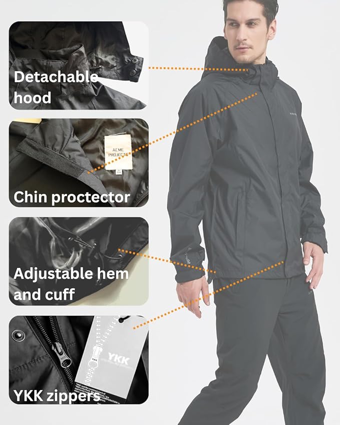 Acme Projects Men Waterproof Rain Suit (Jacket & Pants) 10000mm/3000gm Breathable Windproof Taped Seam Lightweight Gear