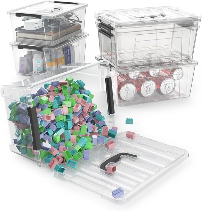 WYT Clear Storage Latch Bins, 6-Pack Storage Organizer Box with Handle and Lids, 5-Litre