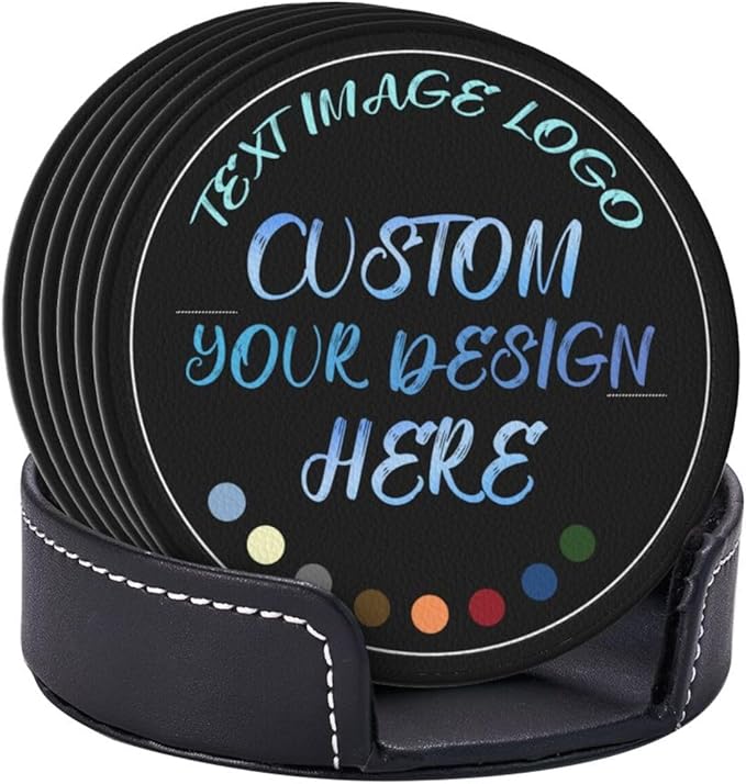 Custom PU Coasters with Logo, Customized Coasters, Personalized Leather Coaster, Custom Coaster Set of 6, Gift for Christmas/Valentine’s Day, Bar Accessories for Whiskey/Wine, Leather Gift