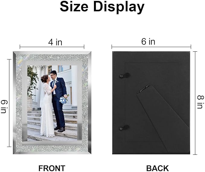 4x6 Picture Frames Silver - Set of 2, Sparkle Real Glass 4 by 6 Photo Frame Mirrored Edge Great Gift, for Tabletop Display, Wedding Birthday Christmas Day Gifts (4 x 6, Glitter Silver)