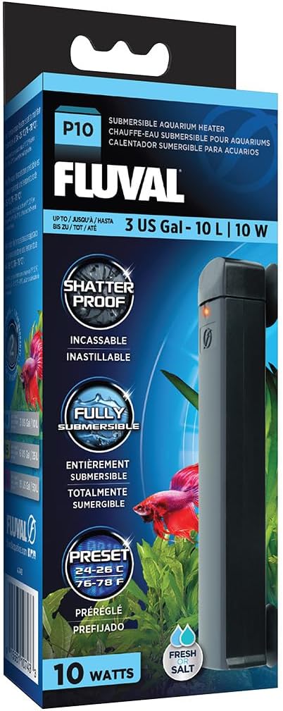 Fluval P10 Submersible Aquarium Heater – 10W, Preset 76-78°F for Freshwater & Saltwater Tanks up to 3 Gal, Shatterproof, Fully Submersible, LED Indicator, Durable & Safe Nano Tank Heater