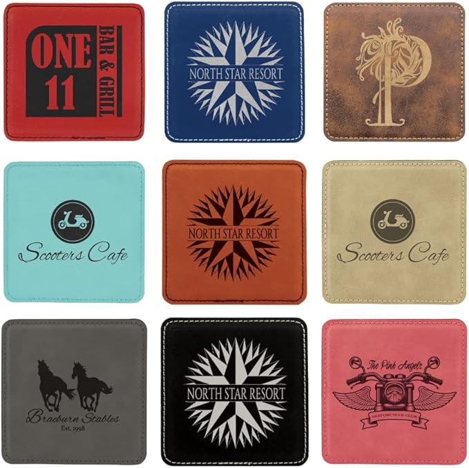 Custom Engraved Coasters | Personalized Leather Coaster | Set of 6 | Drink Coasters with Holder | Laser Engraved | Tabletop Protection | Gift for Couples (Square 4" x 4", Pink w/Black)