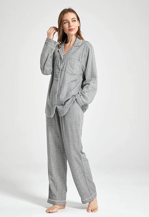 Womens Pajama Sets 100% Double Gauze Cotton Linen Like Muslin Pajamas Long Sleeve Button Down Sleepwear Soft Pjs Lounge Set