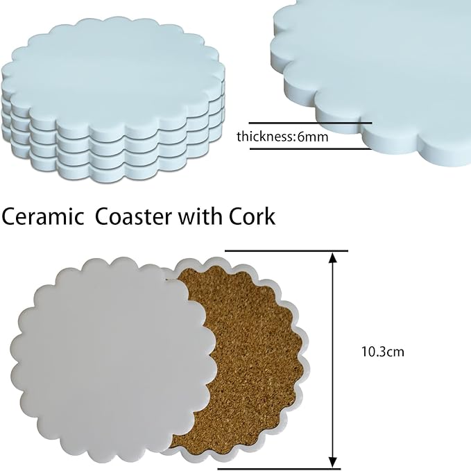Sublimation Ceramic Coasters Blanks Bulk Round Flower Wavy Edges Drinks Coffee Cup Table Coaster, Absorbent Heat Transfer Ceramic Coaster Set for Home Decor with Cork Backing Pads (Wavy Edges 8 PCS)