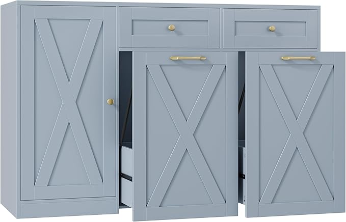 HOSTACK 12.5 Gallon Kitchen Trash Cabinet, 47" Double Trash Can Cabinet, Large Pull Out Can Storage Drawers, Wood Farmhouse Hidden Garbage Storage Buffet for Kitchen, Dining Room, Blue