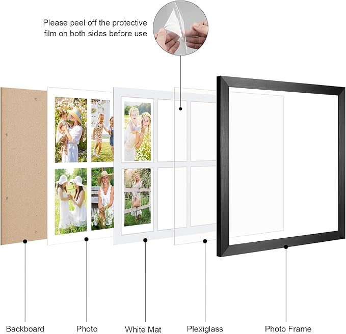13x13 Collage frame with 6 Openings 4X6 Pictures, Multiple Picture Frame with Mat, Wall or Tabletop Decor, Black Wood Grain,2 Pack