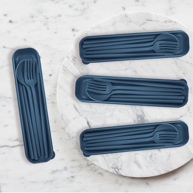 4 Sets Reusable Utensils Set with Case,Camping Cutlery Set Travel Silverware Set with Case Lunch Utensils Set for Work,Utensil Sets for Lunch Picnic Daily Use Outdoor (Darkblue)
