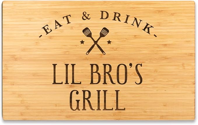Andaz Press Large Bamboo Wood BBQ Cutting Board Gift, 17.75 x 11-inch, Lil Bro's Grill, 1-Pack, Laser Engraved Serving Chopping Board Christmas Birthday Chef Kitchen Ideas