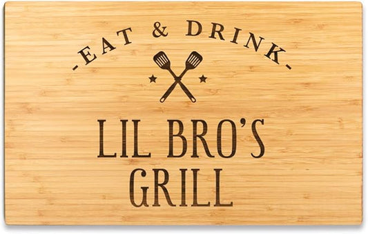 Andaz Press Large Bamboo Wood BBQ Cutting Board Gift, 17.75 x 11-inch, Lil Bro's Grill, 1-Pack, Laser Engraved Serving Chopping Board Christmas Birthday Chef Kitchen Ideas