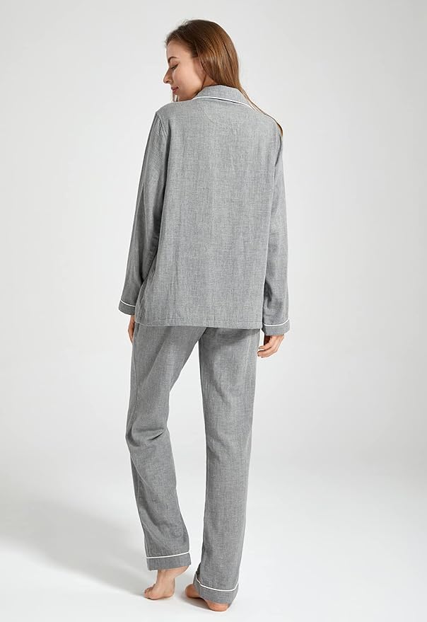 Womens Pajama Sets 100% Double Gauze Cotton Linen Like Muslin Pajamas Long Sleeve Button Down Sleepwear Soft Pjs Lounge Set