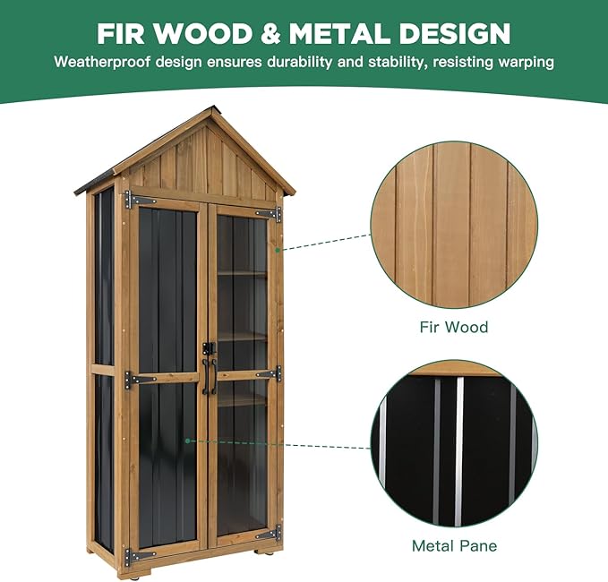 Ketive Outdoor Storage Cabinet, Wood & Metal Storage Shed with Weather-Resistant Roof, Adjustable Shelf, Lockable Doors & Adjustable Feet, for Garden, Patio, Backyard, 27.5" x 13" x 67"