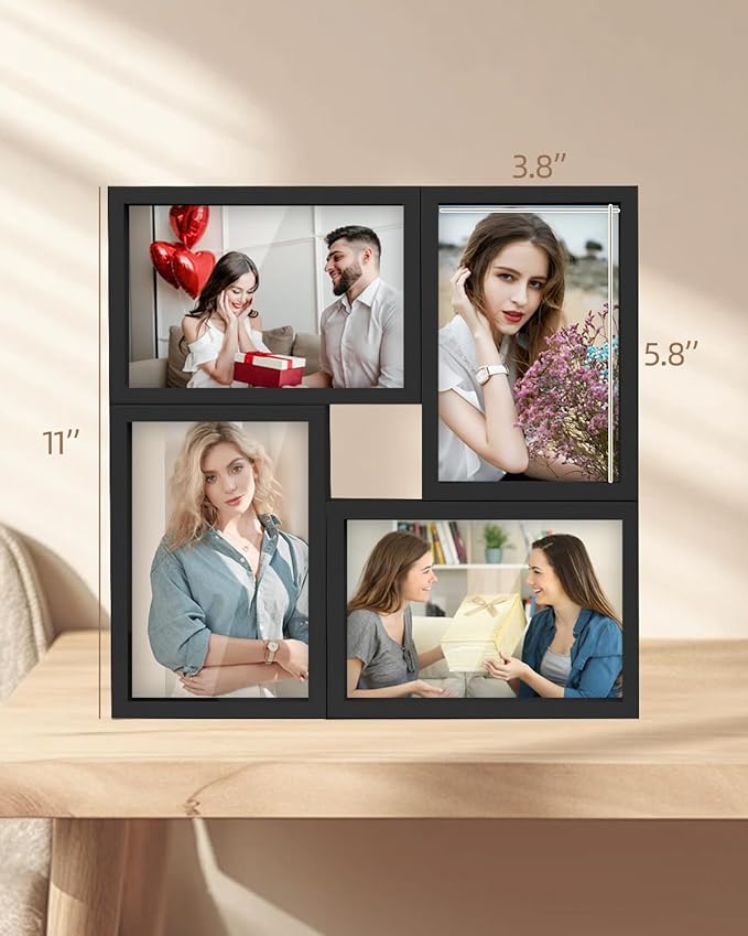 KAPIX 4x6 Picture Frames Collage, Collage Frame Wall Decor Display Four 4x6 Family Photos, Glass Front, Wall Hanging or Tabletop, Black