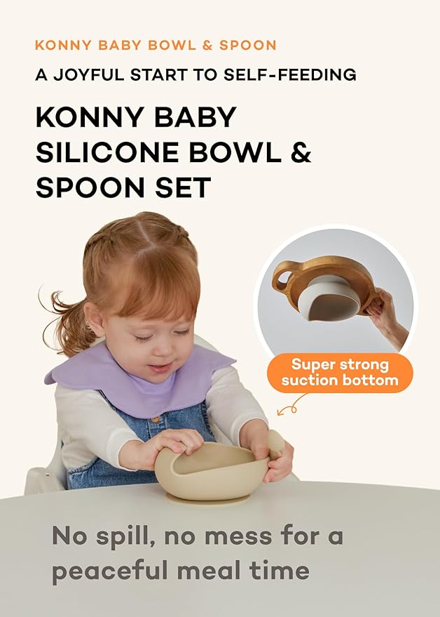 Konny Baby Bowl Microwaveable Silicone & Spoon Set, Self Feeding Essentials Baby Led Weaning Supplies -Grey Seed