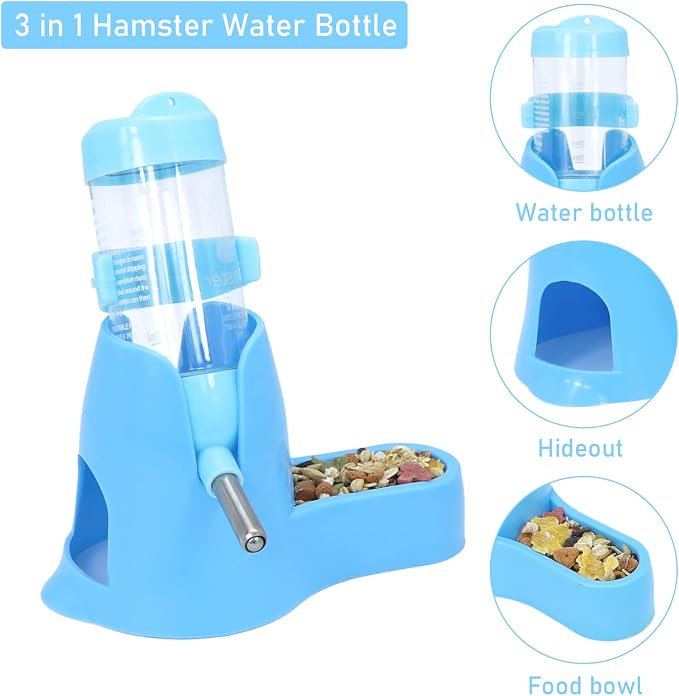 Wontee 3 in 1 Hamster Water Bottle with Food Bowl Hideout Base, 80ML, Blue | Water dispenser, food container, hideout, stable base, easy to refill, for glass tank/cage, dwarf hamster/mouse/gerbil, 2.7oz
