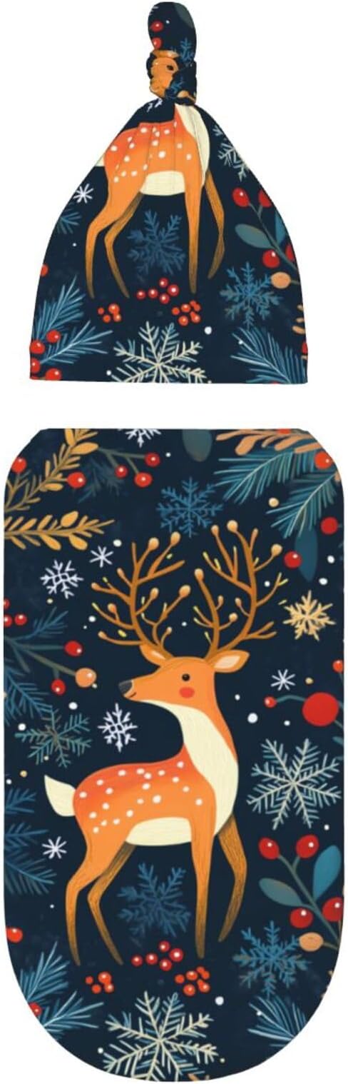 Christmas Baby Swaddle Blanket and Hat Set for Newborn Boys Girls Soft Infant Wrap Sleep 0-6 Months Christmas Elk