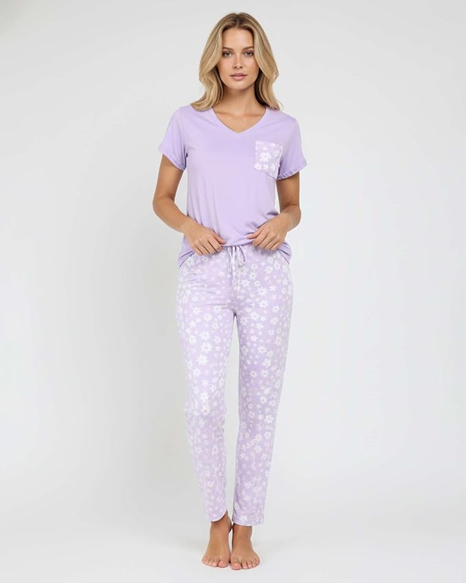 Real Essentials 2 Pack: Women's Comfy Pajama Sets - Short & Long Sleeve Ladies Loungewear Sleepwear PJs (Available In Plus)